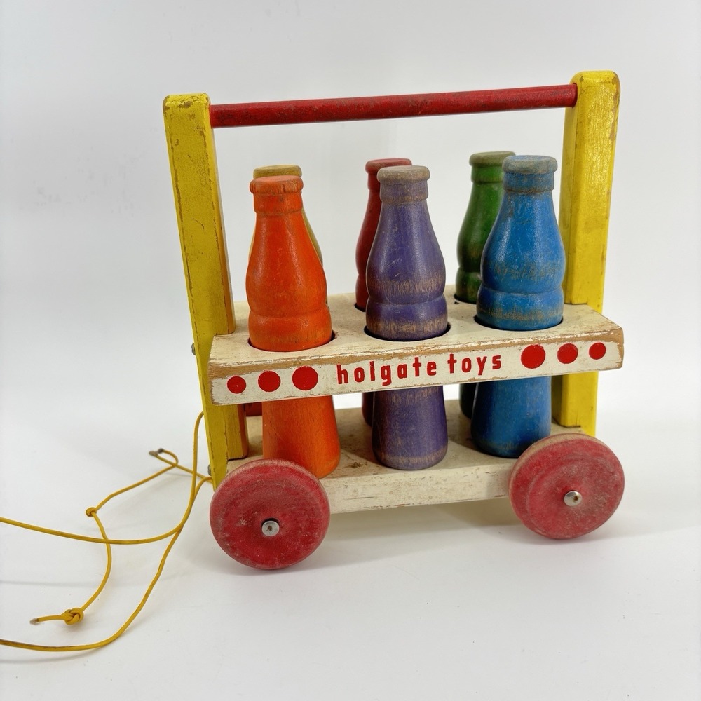 Vintage Holgate Wooden Soda Pop Carrier Pull Toy on Wheels w/ Bottles 1950s USA